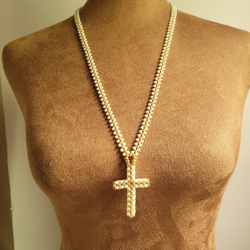 Faux Pearl Gold Beaded Cross Pendant Necklace 26 Inch Long Coquette